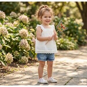 Hanna Andersson Girls White Eyelet Cotton Tank Top Size 90 3T Flutter Sleeves